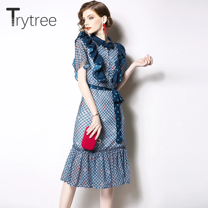 Женское Повседневное платье в горошек Trytree летнее рубашка с оборками и отложным