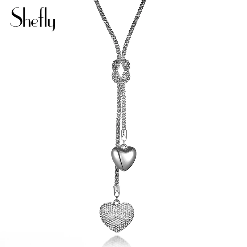 

Silvery Crystal Heart Pendant Long Sweater Necklace Women Popcorn Chain Collier Wedding Birthday Party Gifts for Friend Dropship