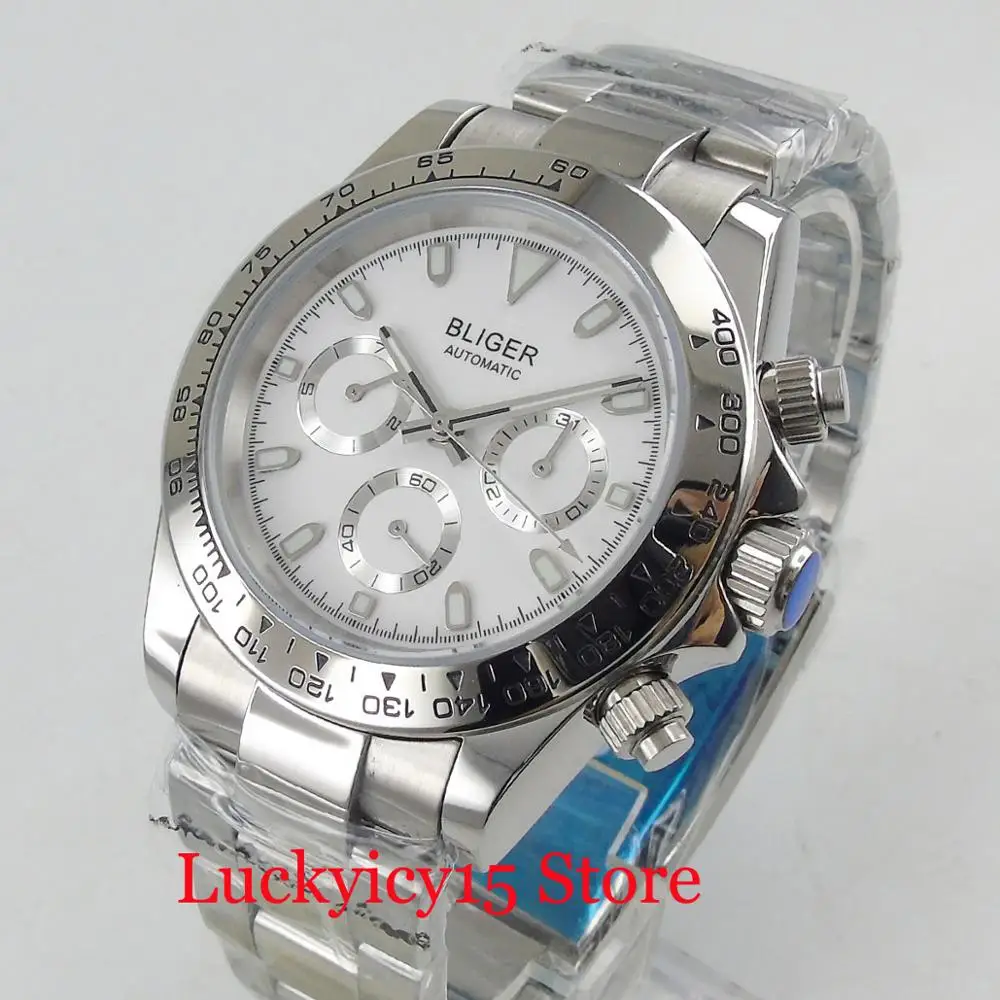 

BLIGER Luxury White Dial Auto Date Week Function Mental Strap 39mm Automatic Men's Watch