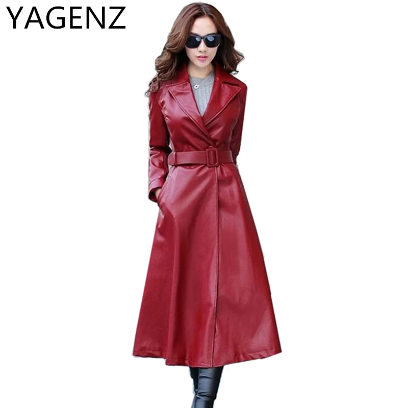 

YAGENZ Spring/Autumn Women Pu Leather Coat Fashion High-end Slim Belt Black Leather Jacket Plus size PU Leather Long Trench Coat
