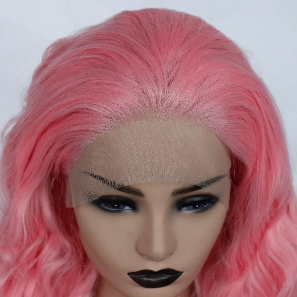Wavy Hair Wig Lace Front Wigs with Natural Hairline Pink Color High Temperature Fiber Synthetic Wig for Women-3