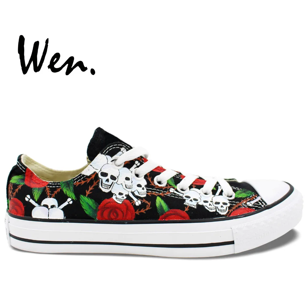 Prix pour Wen Original Peint À La Main Chaussures Custom Design Roses Crânes Noir Low Top Toile Sneakers Hommes de Femmes De Noël Cadeaux D'anniversaire Prix pour Wen Original Peint À La Main Chaussures Custom Design Roses Crânes Noir Low Top Toile Sneakers Hommes de Femmes De Noël Cadeaux D'anniversaire