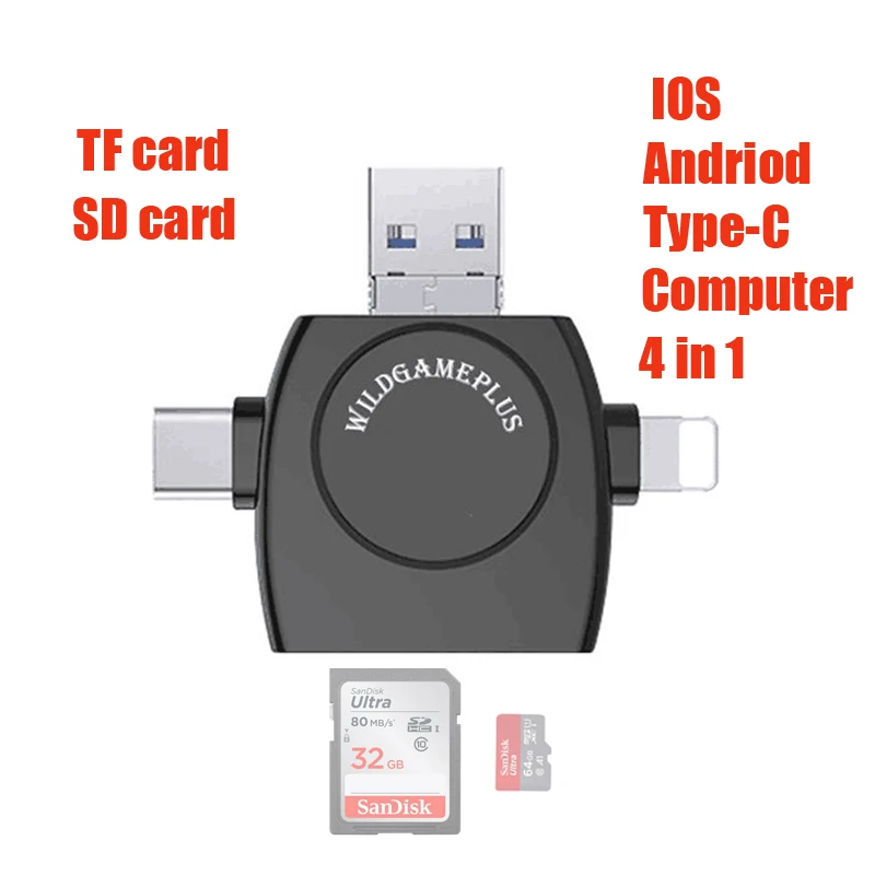 

4 in 1 IOS Andriod Cell Phone TYPE C Card Reader Mobile Drive TF Mirco SD Memory Card Reader for monocular Iphone Ipad Computer