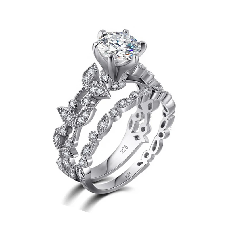 wholesale Solid 925 Sterling silver Engagement rings set, 2pcs Vintage