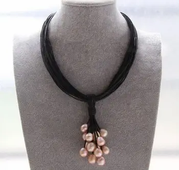 

17'' 43cm Women Jewelry 9mm pink purple oval pearl a bunch of pearl pendant Multilayer black Leather rope necklace Natural pearl