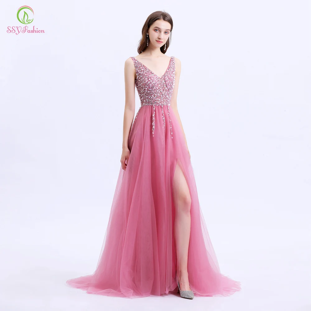 

SSYFashion New Luxury Evening Dress Sweet Pink Beading Sequins Sleeveless Long Formal Prom Gowns Vestido De Noche Custom Made