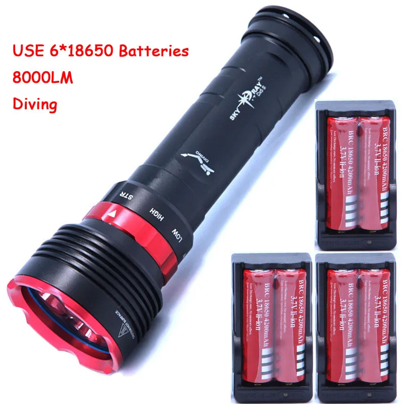 

diving 8000lm underwater flashlight 5 x CREE XM-L L2 LED torch light waterproof brightness Lamp led Lantern +6*batteries+Charger