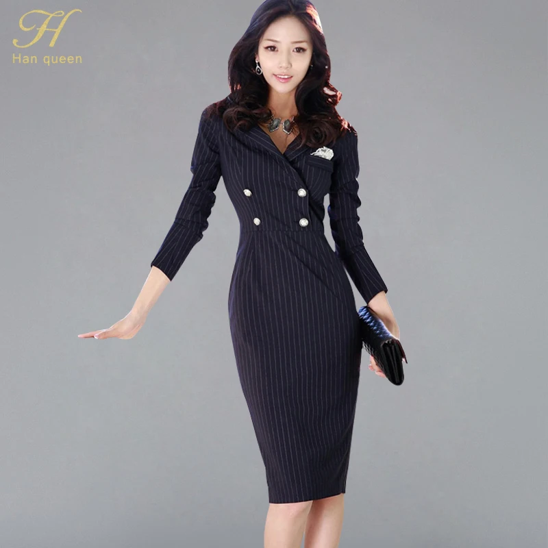 

H Han Queen Double-breasted Striped Suits Dress Women 2018 Autumn Wear To Work Pencil Bodycon Dresses Sexy New Business Vestidos