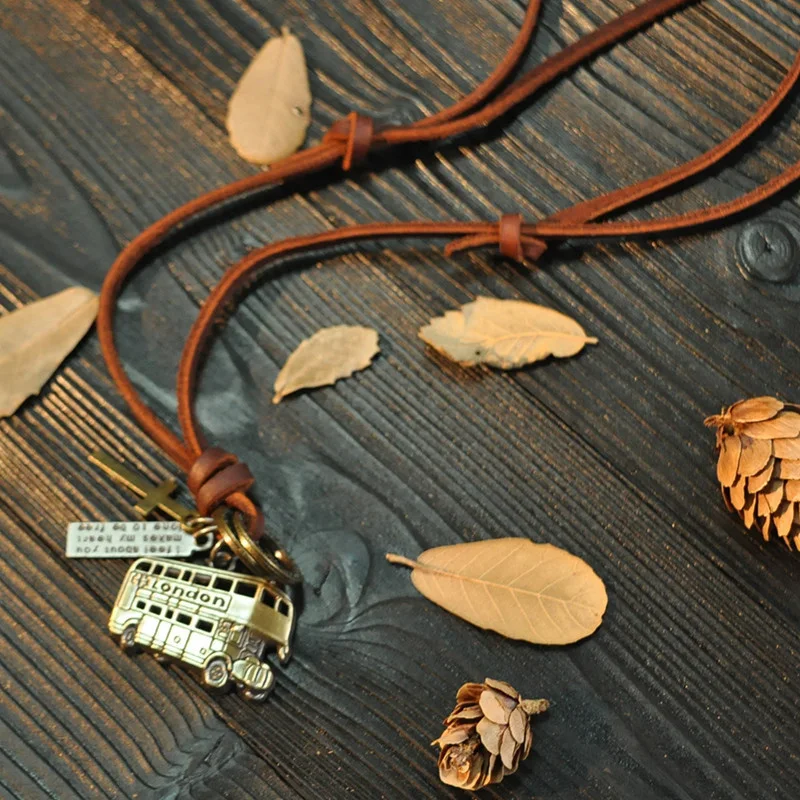 NIUYITID 100% Genuine Leather Jewelry Boys Necklaces Men Bus Pendant Alloy Metal Necklace Women Neckless High Quality (2)