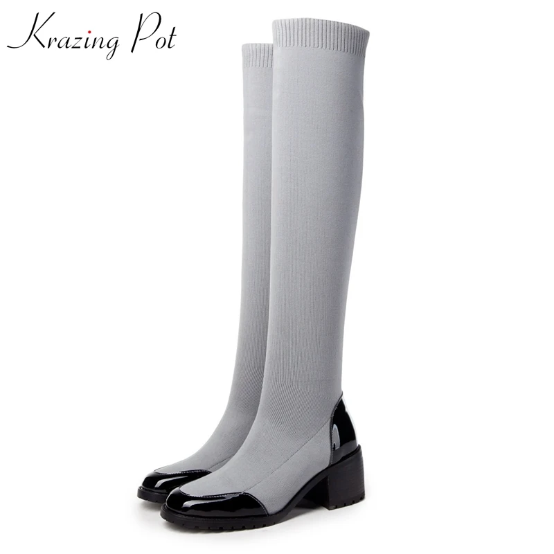 

Krazing Pot hot sale knitting warm genuine leather round toe vintage design women high heel stretch boots thigh high boots L1f3