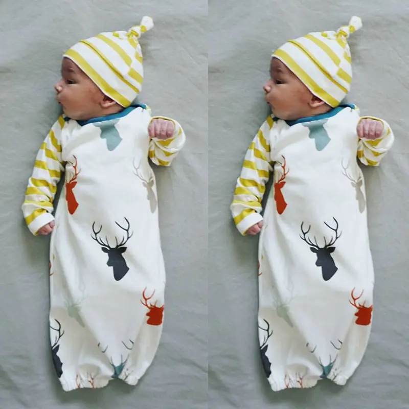 Newborn Baby Girl Deer Romper Jumpsuti Sleeping Pajama Hat Outfits Baby