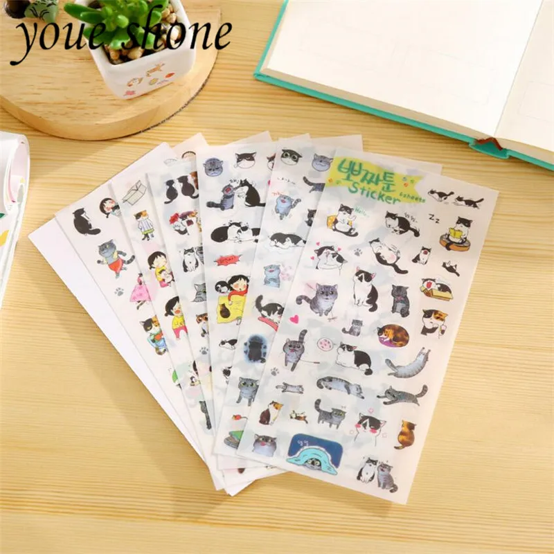 

6PCS Kawaii Stationery sticker Cute Cat PVC Paper Children Stickers DIY Planner Decorative Sticker Scrapbooking Diary Decoration