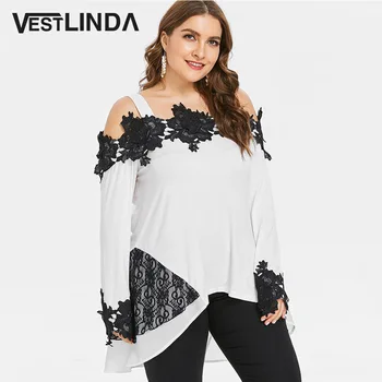 

VESTLINDA Lace Appliques T Shirt Big Size Ladies Tops Women T-Shirt Casual Cold Shoulder Long Sleeve Female Clothing Plus Size