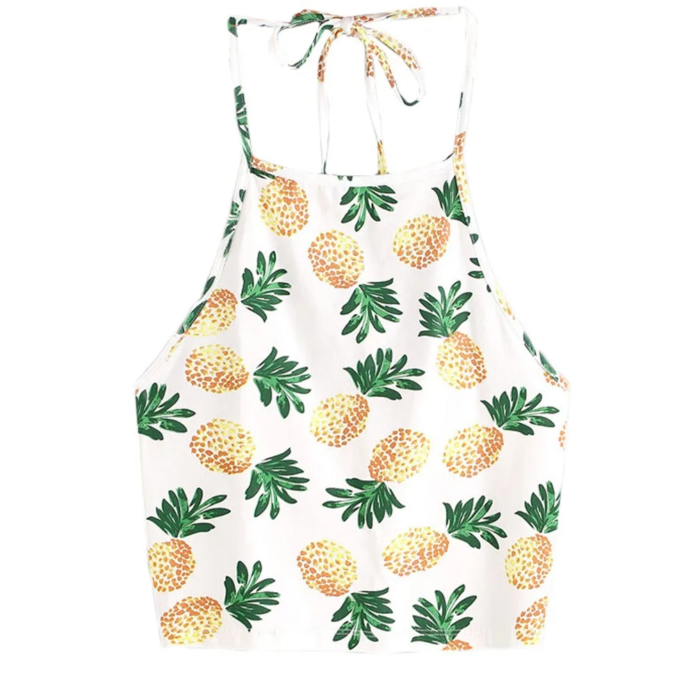 

Summer Beach Wear Camis Women Pineapple Print Tank Top Sexy Short Halter Hanging Neck Tee For Ladies Crop Tops /PT