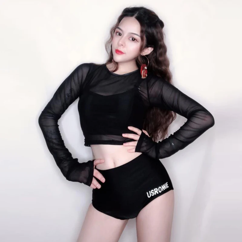 

Nightclub Bar Jazz Clothing Female Singer Dj Sexy Black Mesh Tops Shorts Pole Dance Clothes Gogo Party Celebrate Costume DWY1638