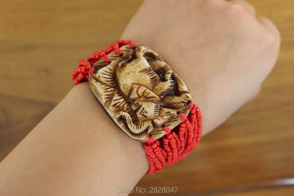 ##BUY BR036 Ethnic Tibetan Craved Bone Elephant Charm Bracelet Handmade Nepal India Jewelry Multi Rows Red Mini Beaded Bracelets