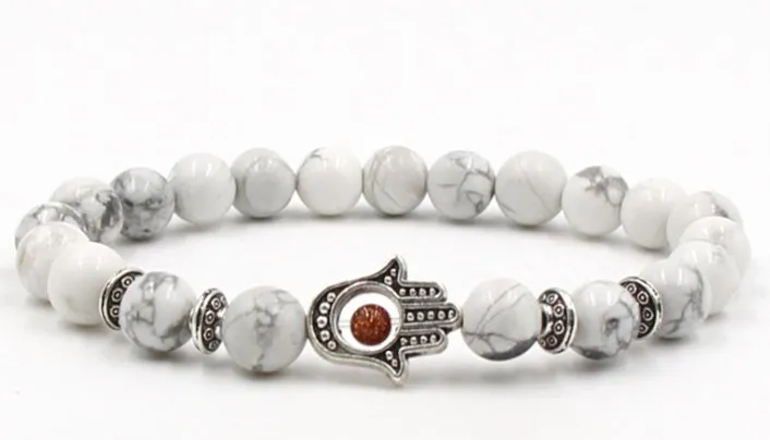 

8mm fgd3d hand eye Reiki Chakra Bracelet white Howlite Buddha Yoga stone bead essential oils diffuser Bangles Jewelry