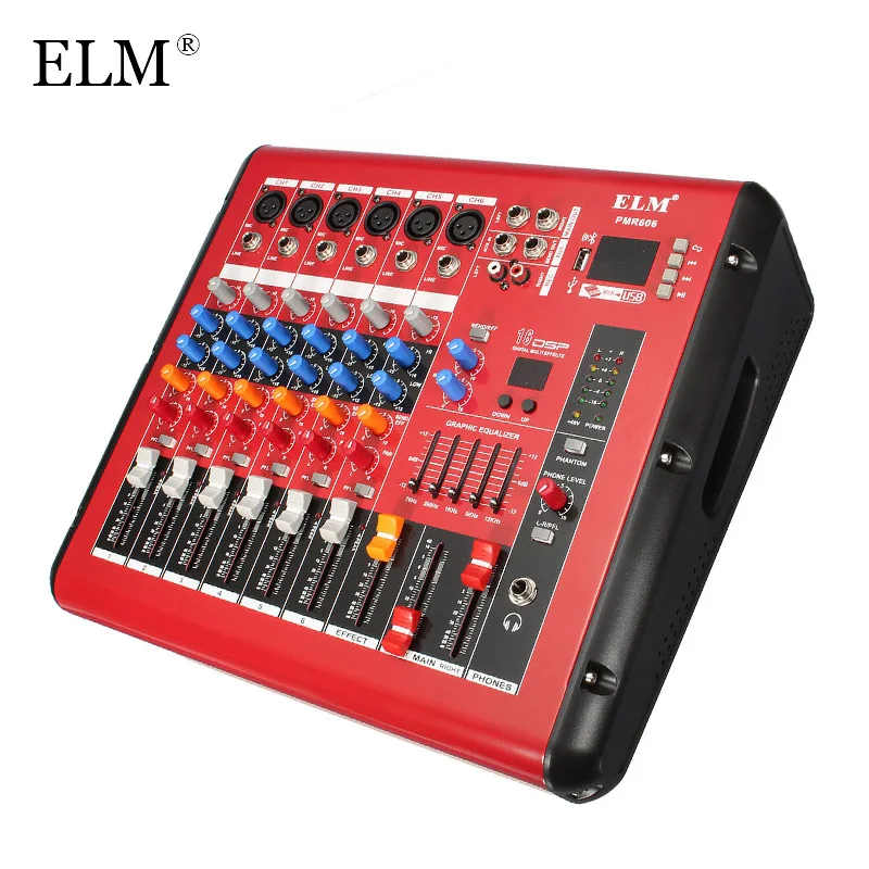 

ELM Professional 6 Channel Microphone Sound Mixer Console bluetooth Karaoke Audio Mixing Amplifier With USB 48V Phantom Power