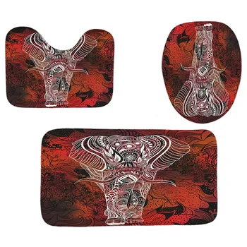 

4Pcs Home Bathroom Decor Set Cool Red Background Elephant Pattern Toilet Seat Cover Bath Mat Set Waterproof Shower Curtain
