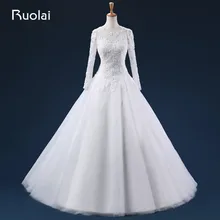 Real Photo Ball Gown Tull Appliques Long Wedding Dresses Scoop Long Sleeves Zipper Up Bridal Gown For Wedding ASAFN23