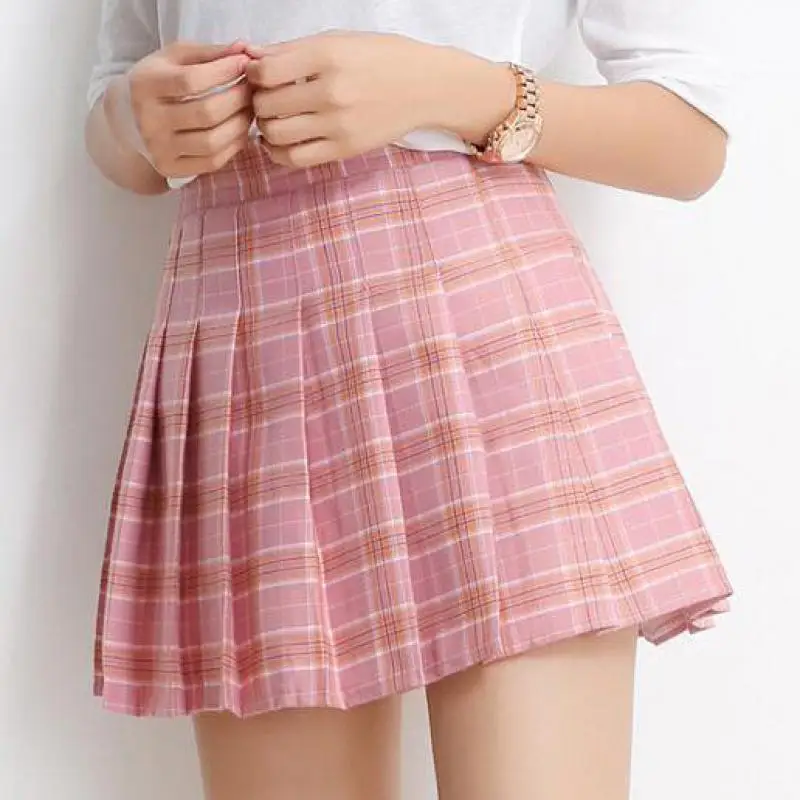 

XL Kawaii Girls Japanese Style Mini Saia High Waist Plaid Chest Pleated Skirt Cute Lolita Mini Short Skirts Color Pink amp Khaki