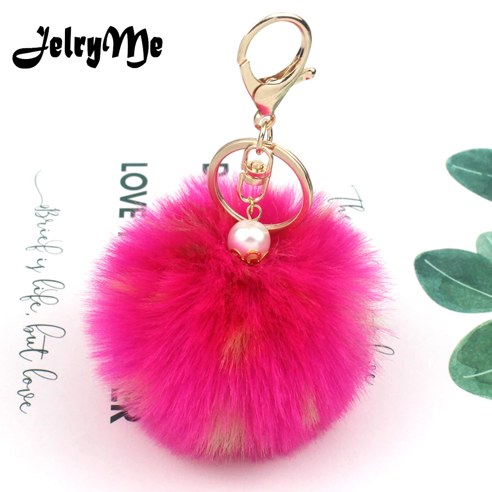 

Pearl Pendant Charms Pom Pom Key Chain Women's Color Dot Fake Fox Fur Keychain Bag Purse Pendant llavero Car Key Rings Pompon