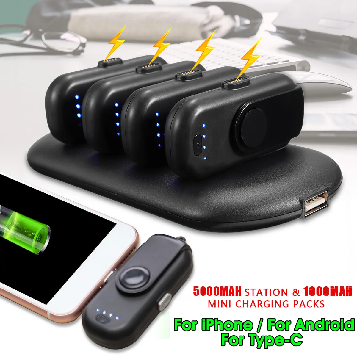 

LEORY 4 In 1 Mini Portable Power Bank Magnetic Finger Pow Charger For iPhone Lightning/Android/Type-C Mobilephone Charger