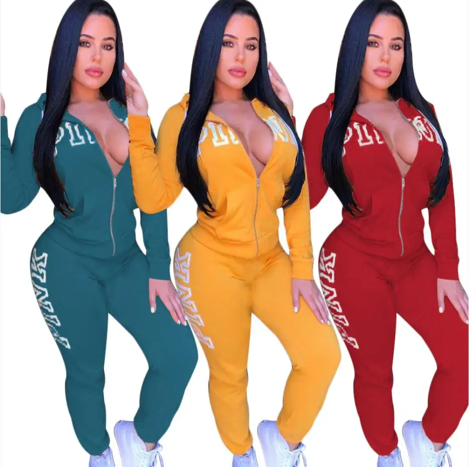 

2018 Spring Letter Pink Print Tracksuit Women Casual Outfits Two Piece Set Pants Suits Plus Size Clothing