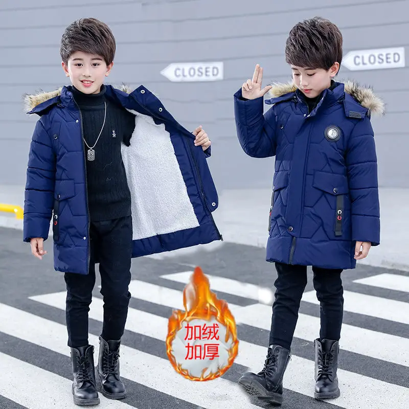 Boys Winter Jacket New Children's Winter Clothing Kids Down Cotton Outerwear Fur Collar Jacket Thickening Velvet Coats - Цвет: Синий