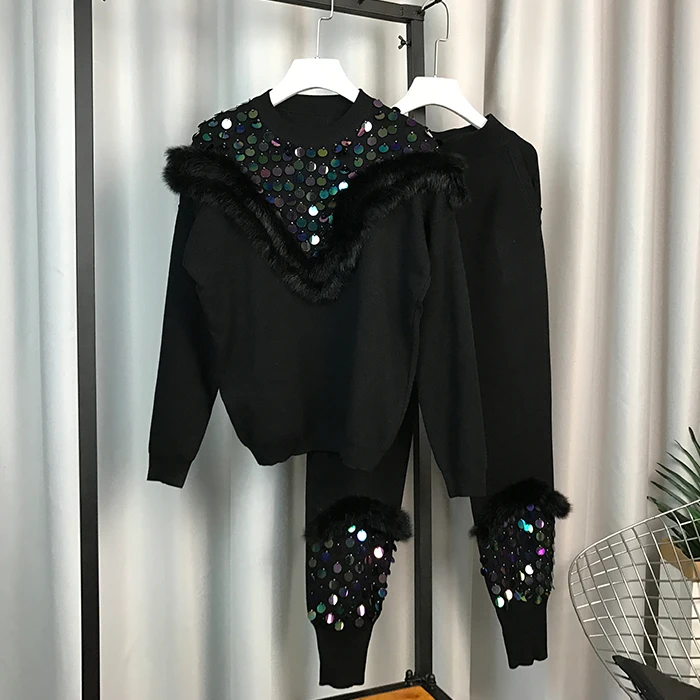 

2018 New Fashion Women's Rabbit Fur Stitching Sequins Pullover Sweater + Knitted Pants Two Pieces Ladies Long Trousers Set