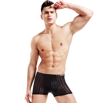 

New Ice Silk Sexy Boxers Men Underwear Elastic Stripe Shorts Male Transparent Ultra-thin Breathable Underpants L-3XL Plus Size