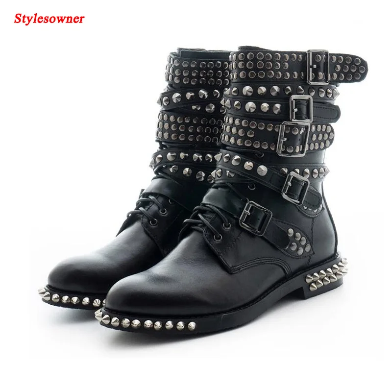 

Stylesowner Winter Womens Short Boots Lace Up Round Toe Rivet Stud Low Heels Buckle Straps Motocycle Riding Ankle Boots Shoes