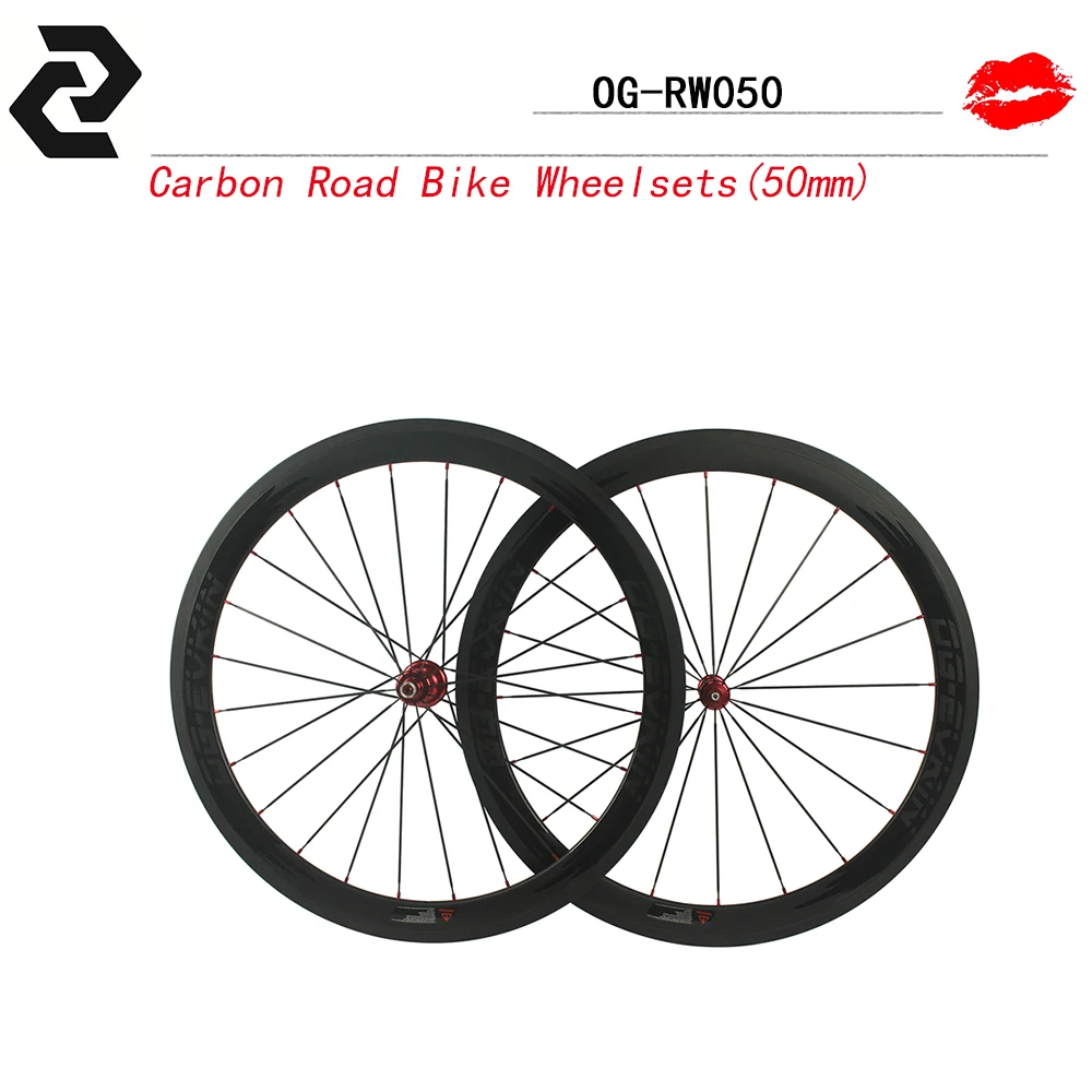 OG-EVKIN 700C Clincher 50mm Carbon Road Bike Wheelsets Black Spokes Black Nipples Wheels R36 Hub