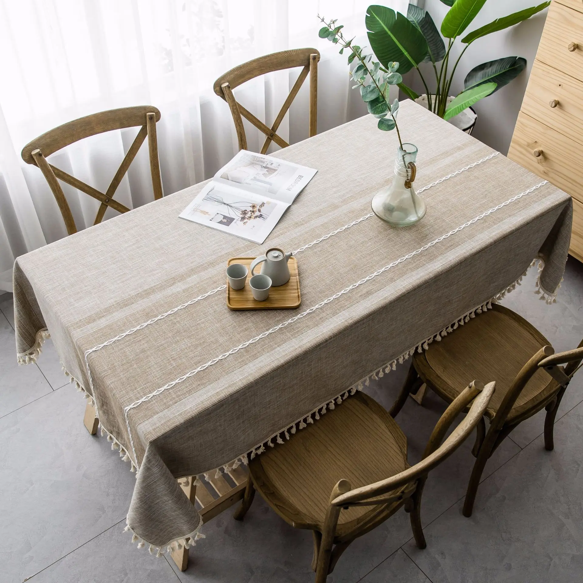 

Japan style Christmas Tablecloth Gray Embroidery Striped Cotton Linen Rectangle Table cloth Lace Hem Decor Dining Table Cover