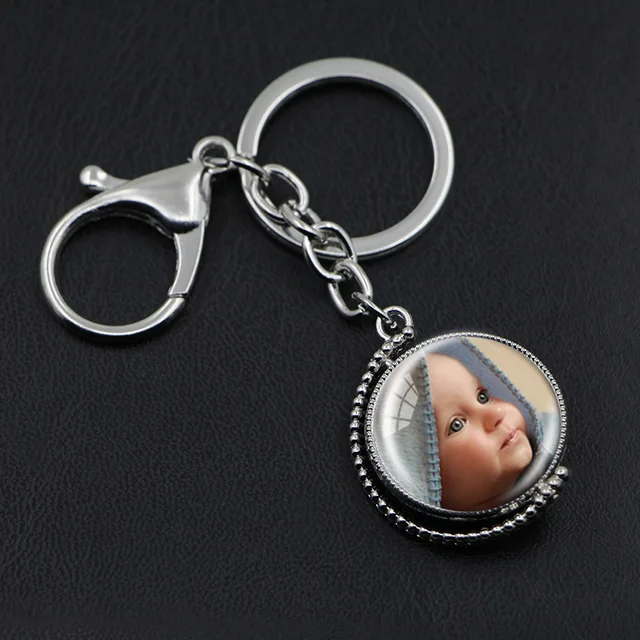 Personalized Photo Key Chain Double Sided Rotatable Silver Plated