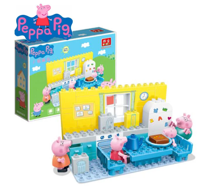 

2018 New Genuine Peppe Pig Building Blocks Set of 61 Pieces Includes 4 dolls Peppa George mommy daddy Kitchen set toy gift