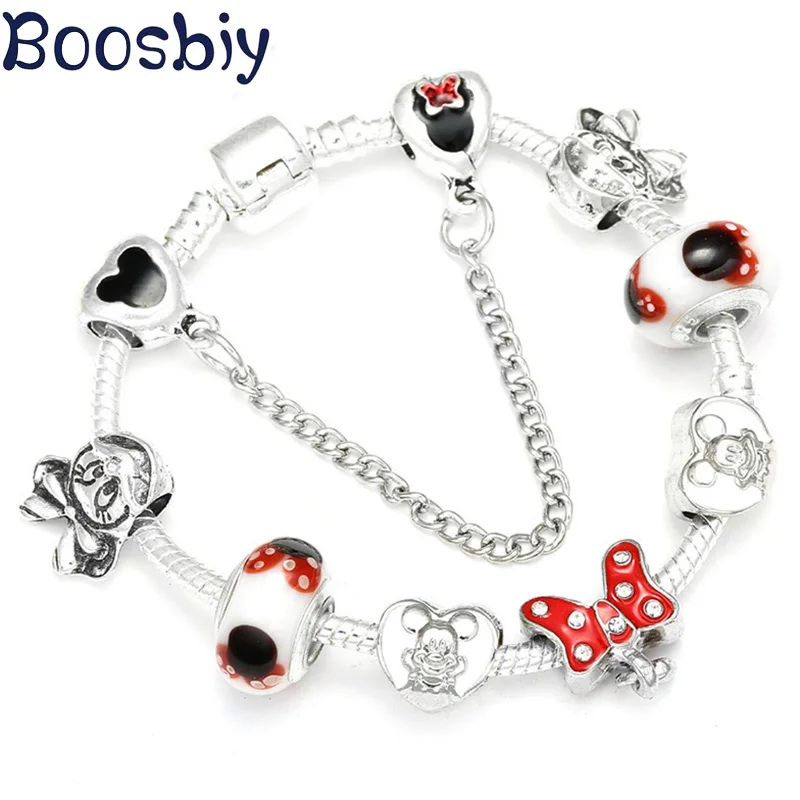 

Boosbiy European Fashion Jewelry DIY Mickey Minnie Beads Brand Bracelet Fits Original Charm Bracelets For Women Kids Nice Gift