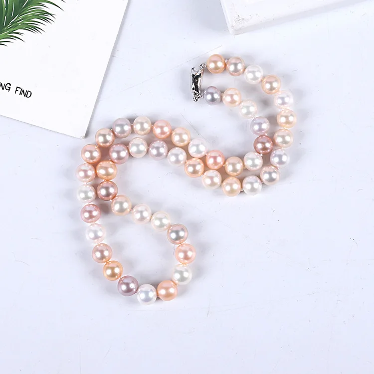 

Natural Freshwater Pearl 9-10mm Necklace Near Positive Circle and Micro-leisure Color Bead Necklace Jewelry