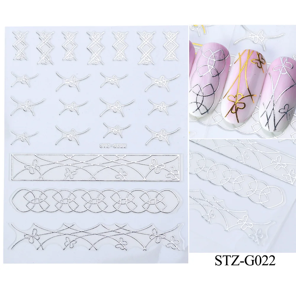 1 шт 3D наклейки для ногтей, наклейки для дизайна ногтей, Геометрические полосы, Бабочка, золотой, серебряный дизайн, Слайдеры для маникюра, фольга, TRSTZG14-20