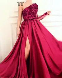 Мусульманские Вечерние платья 2019 A-Line одно плечо с длинным рукавом Кружева щелевая ислам Дубаи Саудовская Арабская длинная элегантное