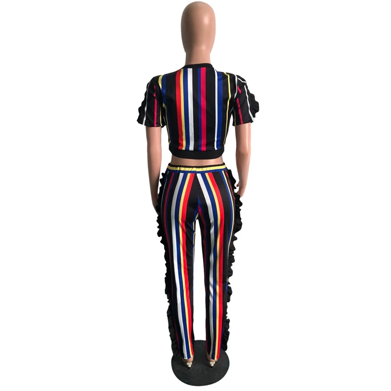 Adogirl/распродажа; комплект из двух предметов С Разноцветными полосками и рюшами; укороченный топ с короткими рукавами; узкие брюки; Спортивный костюм; костюмы для отдыха