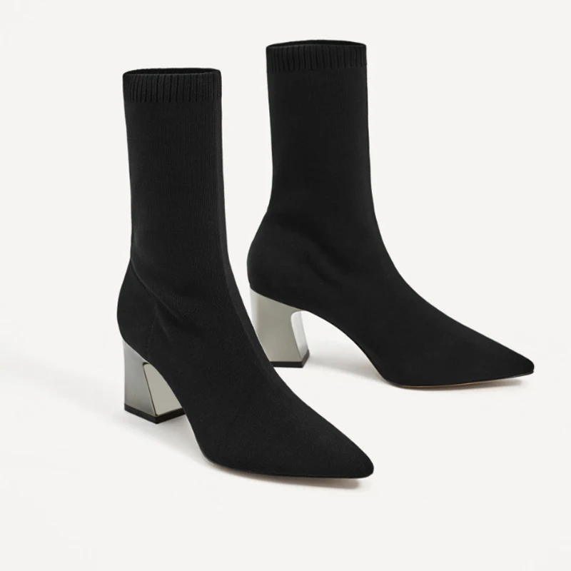 Mid Calf Stretch Fabric Sock Boots Women Pointed Toe High