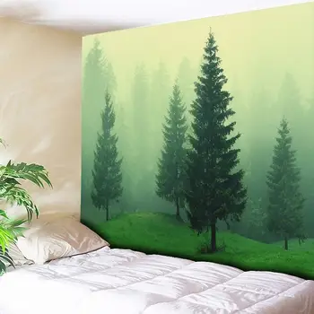

Forest Tapestry Psychedelic Wall Hanging Bohemian Wall Carpets Light Green Foggy Art Background Wall Cloth Tablecloth 230x150cm