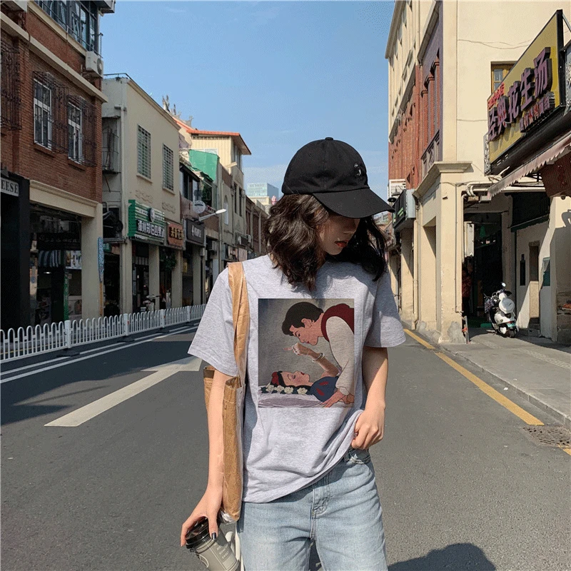 

Summer Snow White Harajuku Cotton T Shirt O-Neck Fck You Punk T-Shirt Print Casual Short Sleeve Gray Tshirt Streetwear Women Top
