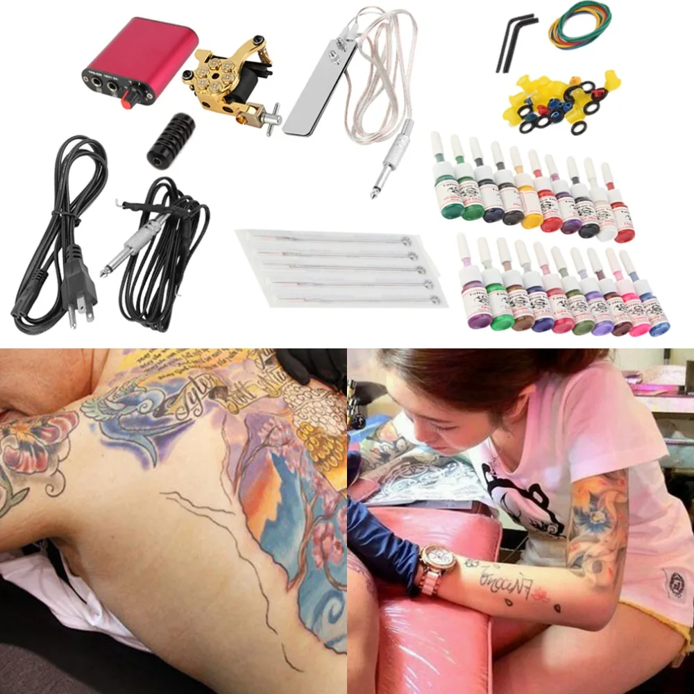 

New Tattoo Machines Gun Equipment Power Supply 20 Color Ink Cup Tattoo Set Brand New