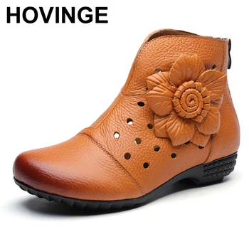 

HOVINGE Autumn Women's Genuine Leather Shoes Vintage Flower Hollow Out Cowhide Boots Retro Comfortable Low Heel Female Boots