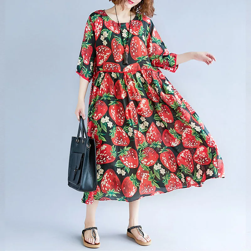 

Kawaii Plus Size Dress Women Casual Loose Strawberry Printed Long Dress Female Summer Vintage Oversized Dresses 3XL 4XL 2019