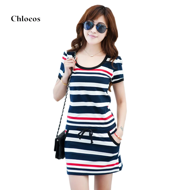 CHLOEOS New Women Summer Striped Mini Dresses Cotton Short Sleeve O ...