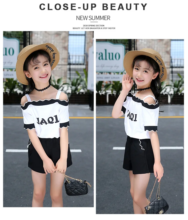 Cute Casual Teenage Clothes For Girls Clothing Sets 2019 Summer Children Shoulderless Letter Tshirt Tops Shorts 2Pcs Kids Suit (11)