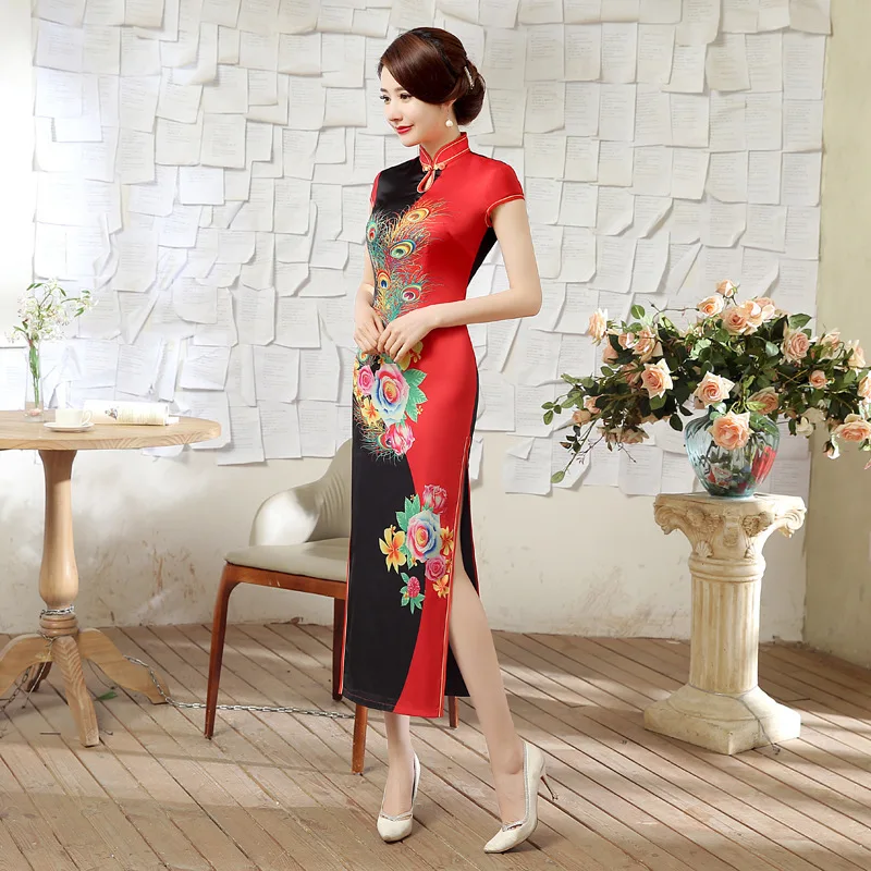 SHENG COCO, женские Уникальные красные, черные длинные платья чонсам, китайский стиль, для ежедневного банкета, шелковые атласы, элегантные, с павлиньими цветами, Qipao